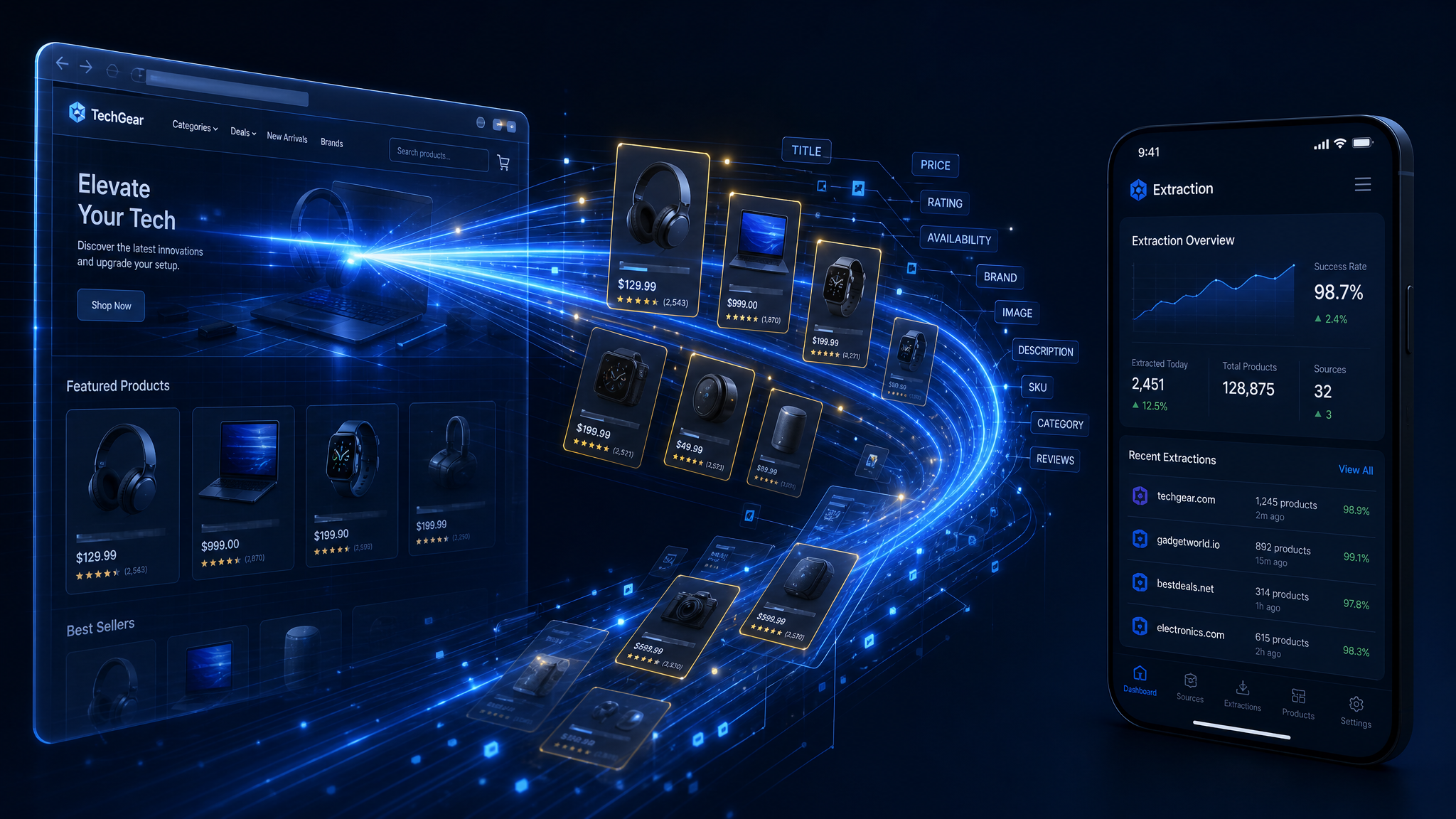 A website being scanned and its catalogue flowing into the app